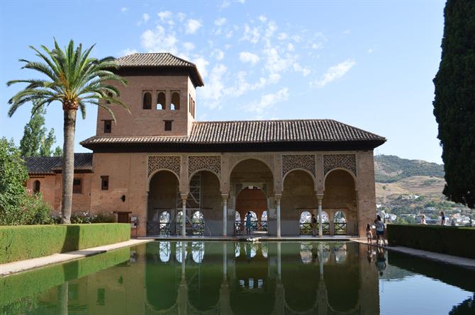 Alhambra bassäng och palmträd