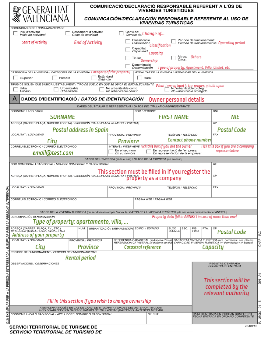Registration form Holiday rental valencia