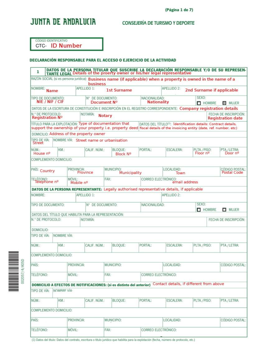 Holiday Rental Application Form Andalucia pg 1