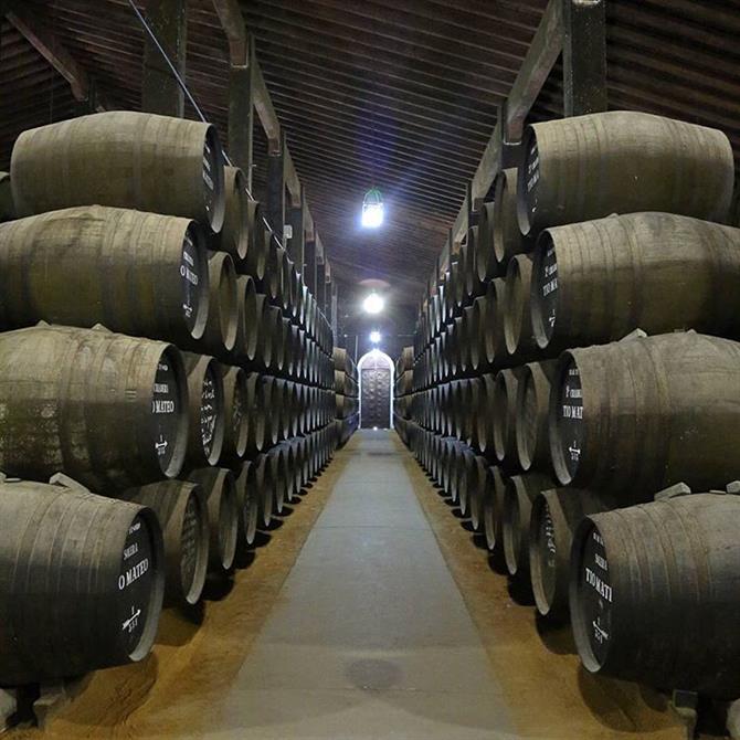 Barriles de vino en una bodega de Jerez