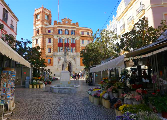 Ett kullerstenstorg i Cádiz med blomsterstånd och historiska byggnader