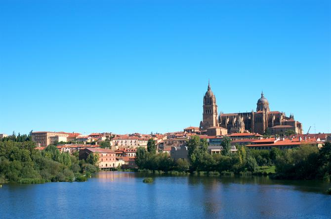 Kathedraal van Salamanca  torent boven de rivier Tormes