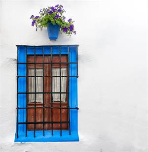 Blaue Blumentöpfe und Fenster findet man in vielen andalusischen Dörfern