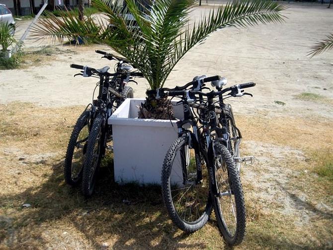 Mountainbikes machen Pause am Strand.