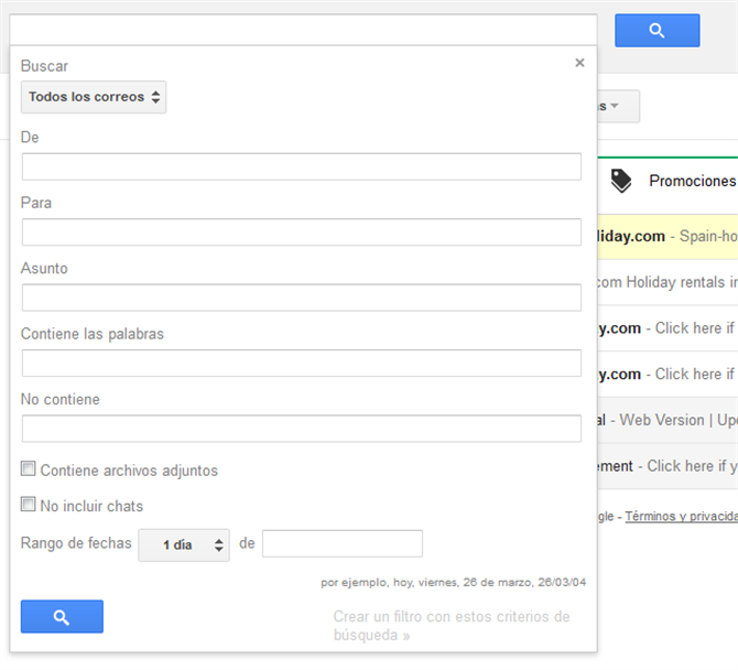 Cuadro de búsqueda avanzada de Gmail