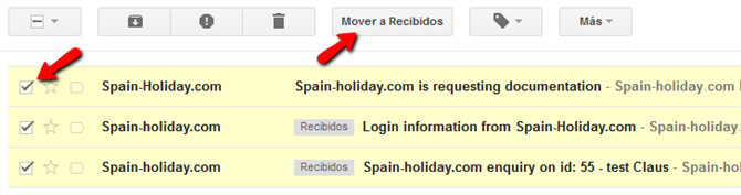 Gmail, mover correo a recibidos