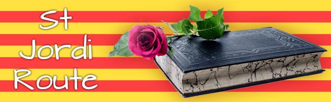 St Jordi Route - Book and Rose in front of the Catalan Flag