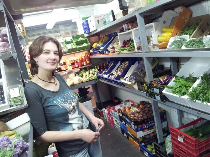 Carina at Frutas Ramon in Santa Catalina Market in Palma de Mallorca 