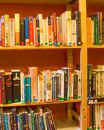 Book-filled shelves inside Babelia Cafe