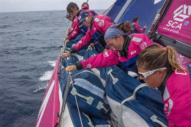 Das Frauenteam SCA beim Segel verstauen