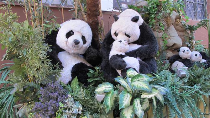 Pandas in a nativity scene outside Ibi toy museum