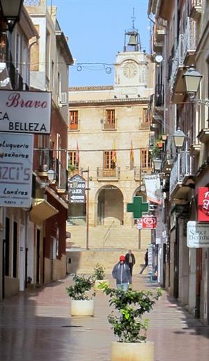View up Calle Cop to Denia town hall